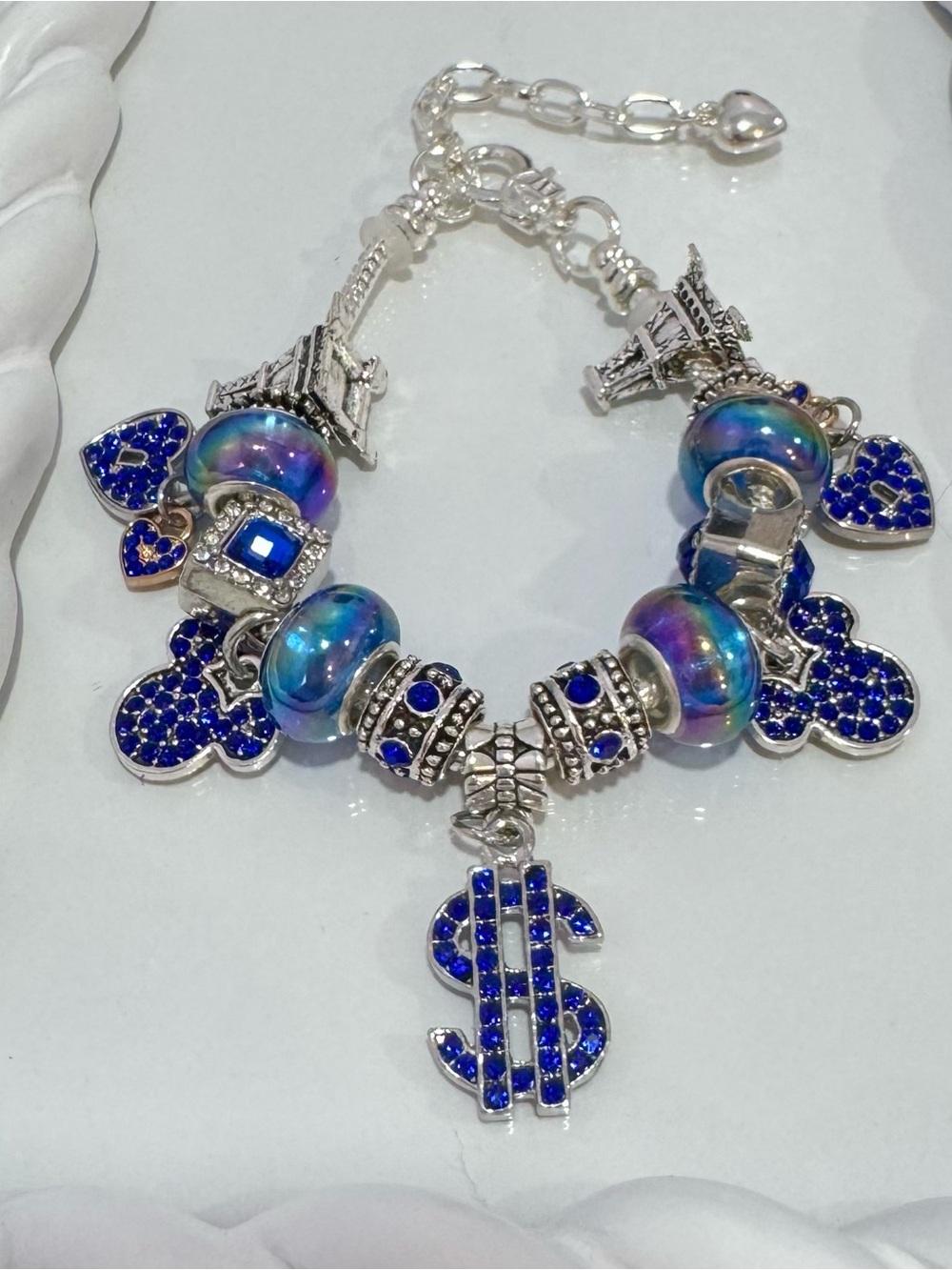 New Silver-Tone Blue Crystal Charm Bracelet with Iridescent Bead Accents